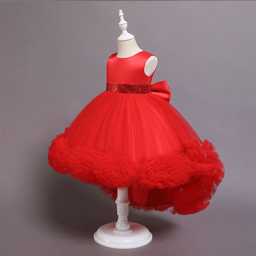 Child's dress with tulle flower bow, princess dress, elegant trailing dress for girls, high-end kids' dress