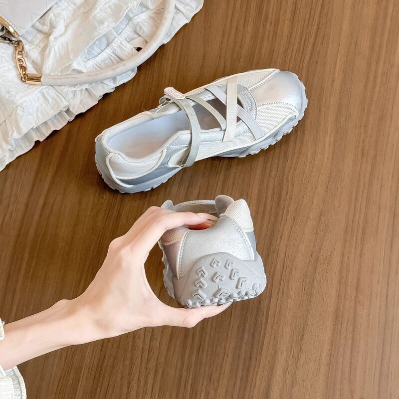 Cowhide Version! 7cm Internal Height-Increasing Thick-Soled Ballet-Style Trainers for Women, Summer Breathable Mesh Mary Jane Sports Casual Shoes