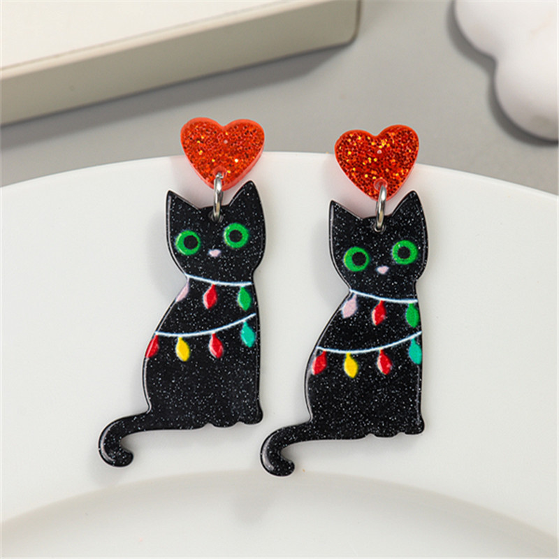 Aretes de gato cambiables de Navidad – acrílico, estilo adorable, campana, gato negro, Europa/América