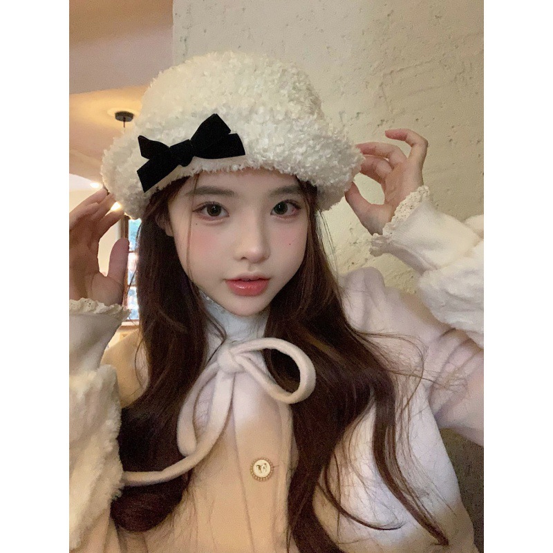 Canción de amor: gorro de pescador cálido con lazo de felpa de estilo coreano para otoño e invierno para mujer_voghion.com