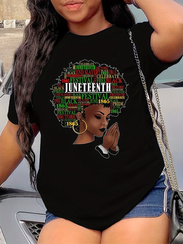 Juneteenth Print T-Shirt, Short Sleeve Crew Neck Casual Top