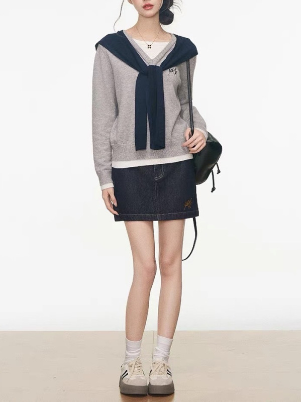 7.20新品  假两件针织上衣女韩系通勤+牛仔裤+牛仔短裙|undefined