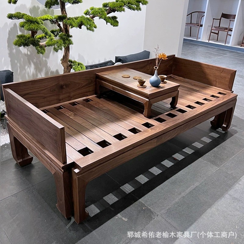 新中式老榆木罗汉床可推拉两用沙发床客厅贵妃榻实木长条椅坐榻|undefined