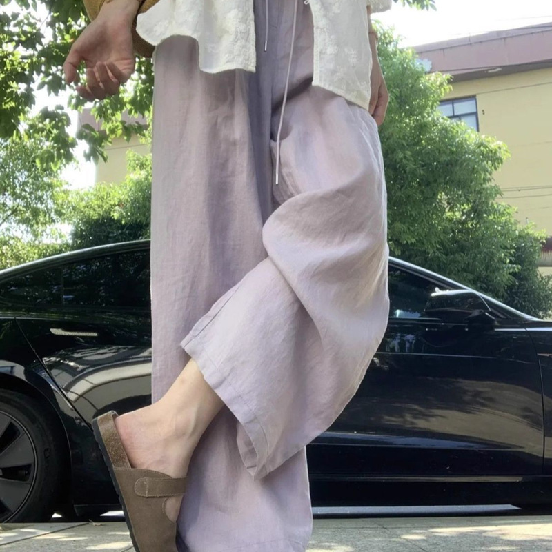 亚麻垂坠感阔腿裤女2025新款紫色棉麻裤子胖mm显瘦大码薄款直筒裤|undefined