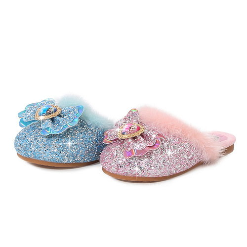 Children's winter plush mop, fashionable new girl's Elsa Princess fashionable home flat heel Baotou warm cotton mop