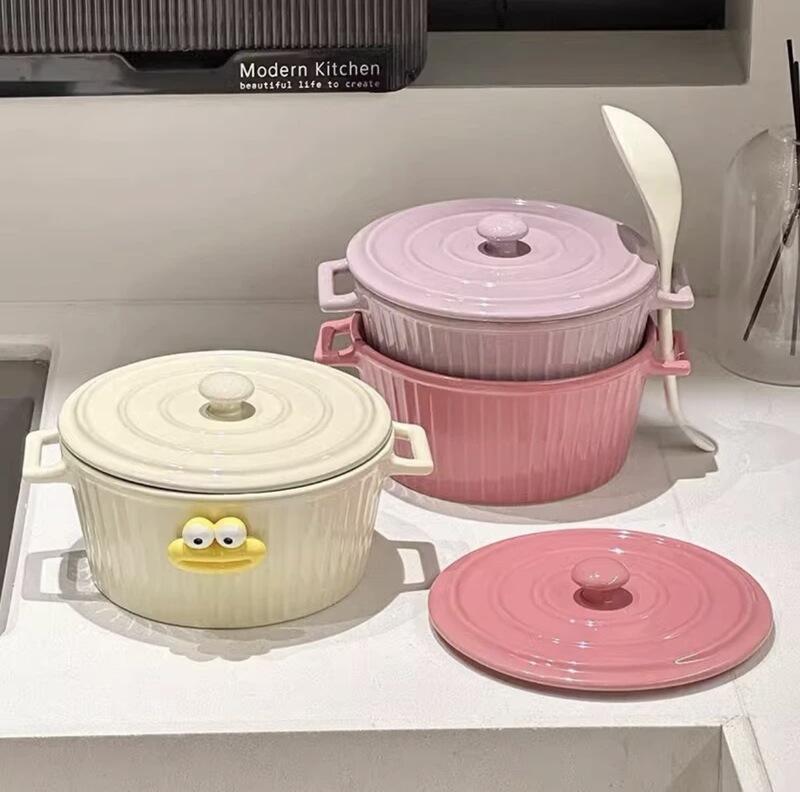 [Binaural Soup Pot with Lid] Ceramic Ins Style Candy Color Binaural Large Soup Bowl Snail Powder Bowl Household Underglaze