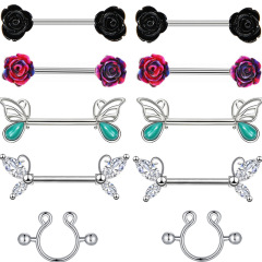 Cross-border popular stainless steel nipple butterfly pin nipple rose rose multi-style nipple 14G body piercing jewelry