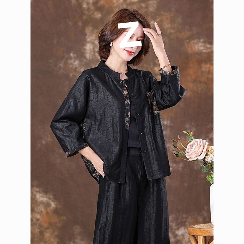 Heavy Silk Shirt for Women, Long-Sleeved Outerwear, High-End Xiangyun Silk Jacket, Stand-Collar Top for Middle-Aged and Elderly Mothers, with a Draping Feel