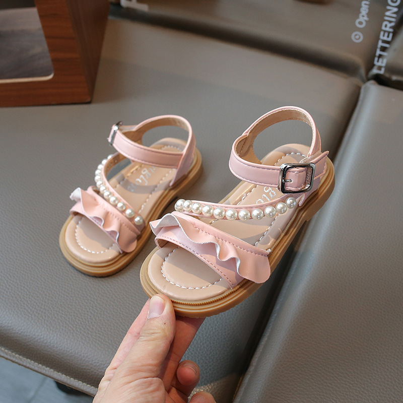 Sandalias para niñas, novedad de verano 2021, sandalias de princesa para niñas, tendencia de moda con perlas, lo más fácil para combinar, zapatos de cuero antideslizantes de suela suave