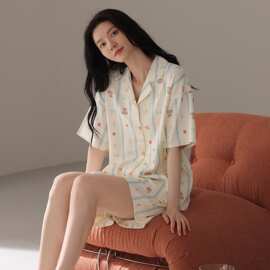夏季新款纯棉女短袖短裤开衫翻领睡衣卡通休闲女家居服图片色圆领