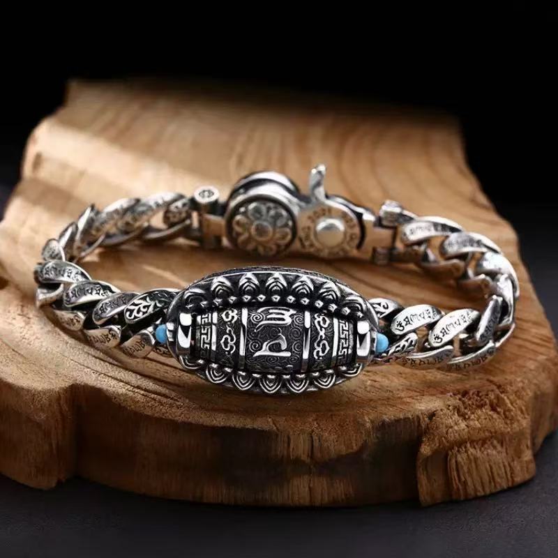 Retro ethnic style handmade men's fashion old six-character mantras bracelet personality rotatable jewelry factory direct sales