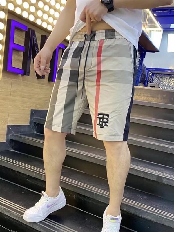 Light Luxury Summer Ice Silk Shorts Men's Colorblock Embroidered Casual Five-point Pants Loose Outer Wear Trendy Brand Plaid Beach Pants for Men