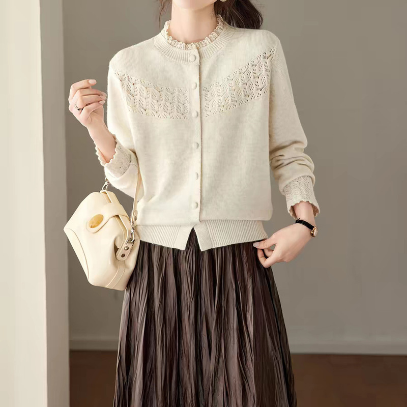 Round Neck Cardigan for Women 2026 Spring and Autumn New French Lace Splicing Hollow Crochet Sweater Base Top in Stock Round Neck Cardigan for Women 2026 Spring and Autumn New French Lace Splicing Hollow Crochet Sweater Base Top in Stock