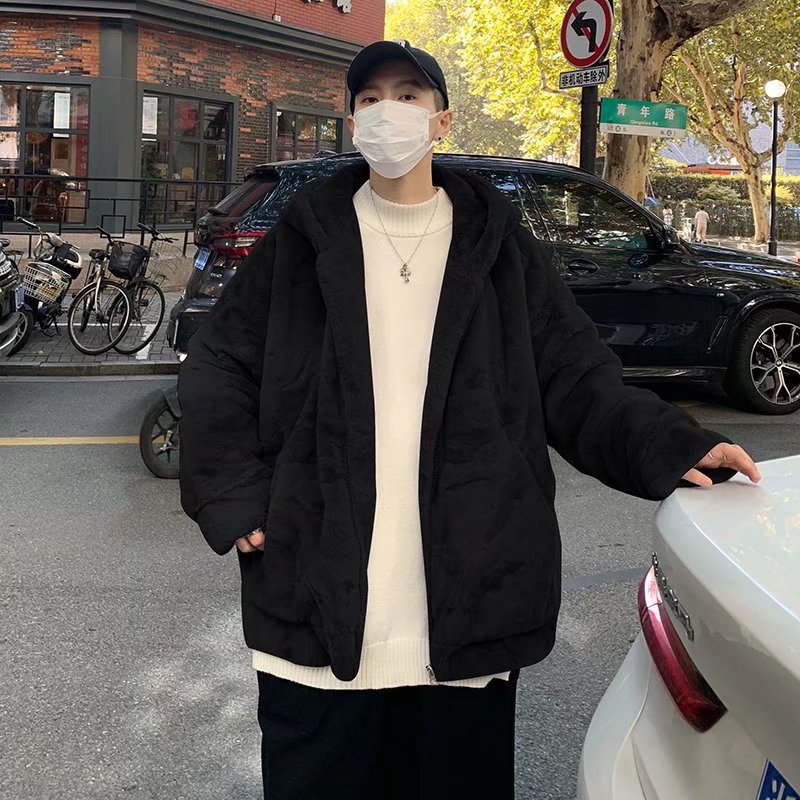 新款学生原宿风韩版宽松棉服男士连帽开双面绒外套冬季潮一件代发