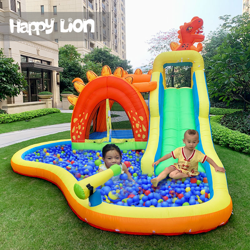 Happy Lion castillo inflable para niños spray de agua escalada en roca tobogán al aire libre para niños inflable travieso Castillo trampolín