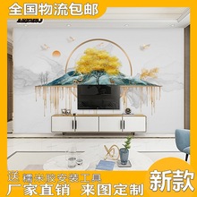 新中式电视背景墙壁纸现代简约大理石麋鹿大气无缝影视墙布8d壁画
