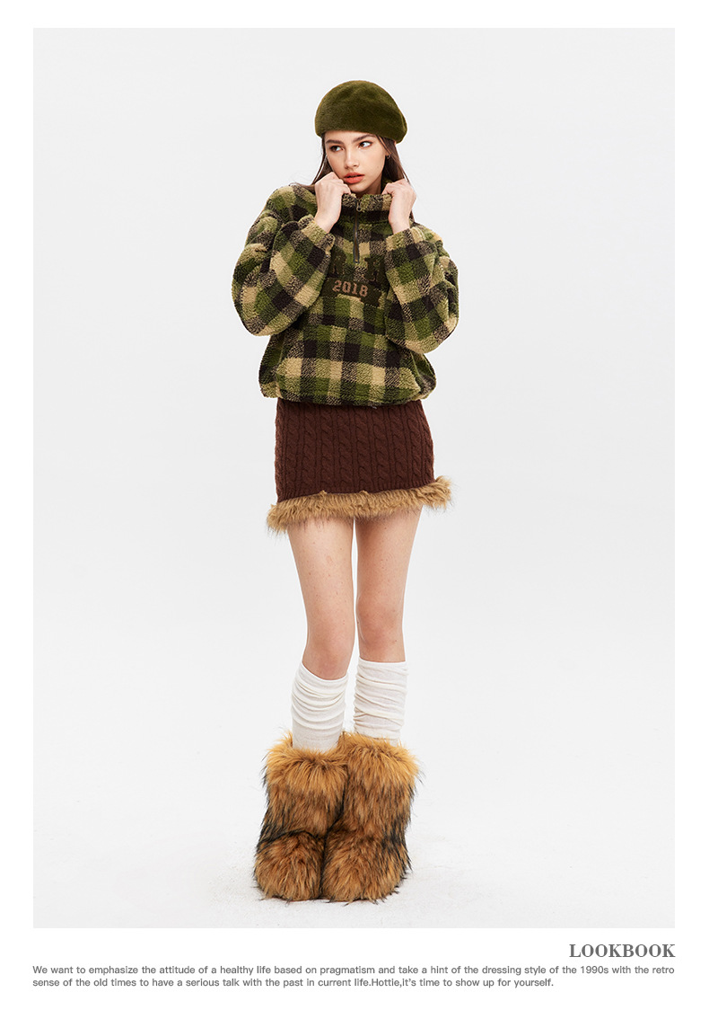 Women's Retro Half Zip Sweater Jacket Letter Embroidered Plaid_voghion.com