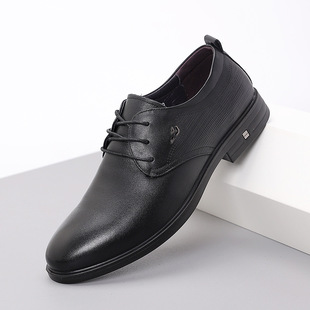 New men's leather shoes top layer cowhide pointed lace-up formal business men's shoes soft bottom chunky heel work shoes men's direct sales