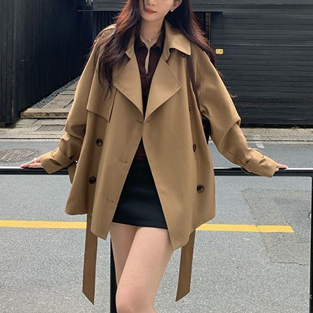 韩系新款2025高级感翻领短款风衣外套女装秋季宽松廓形双排扣外套|undefined