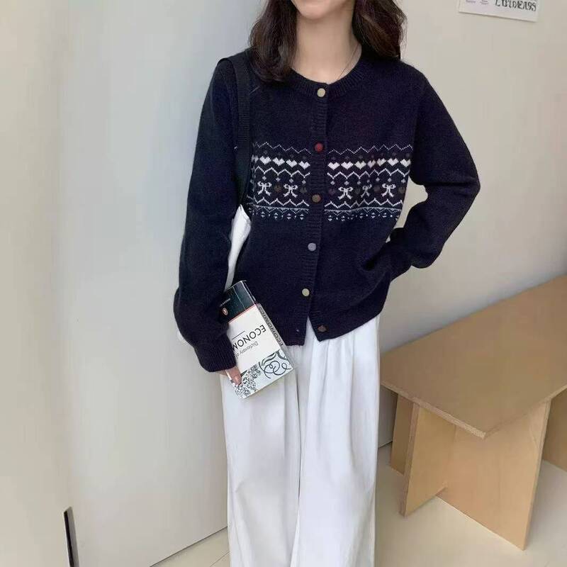羊绒提花针织开衫女2025秋冬季新款复古撞色宽松软糯舒适休闲毛衣|undefined