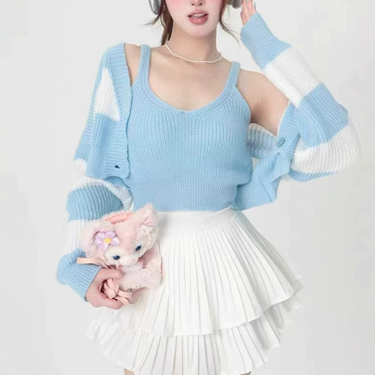 Трансграничная внешняя торговля 2024 Новый маленький ароматный ветер в полоску трикотажный кардиган набор женский подтяжка короткий топ