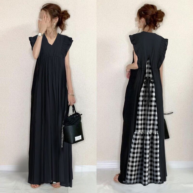 2026 New Japanese-Style Long Dress with Flutter Sleeves, V-Neck, Back Tie, Patchwork Plaid, Small V-Neck, and Ruffle Sleeves