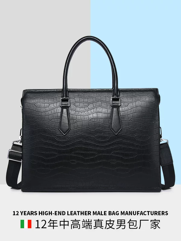 Leather bag, men's capacious laptop, custom-made, cowhide, crocodile print, genuine leather, business version