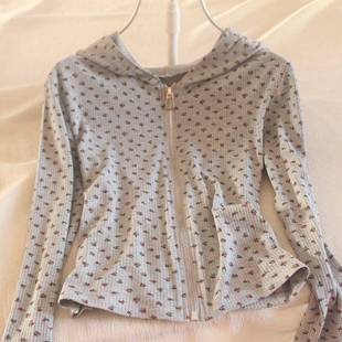Japanese-Style Floral Zip-Up Slim-Fit Hooded Short Cardigan Autumn Long-Sleeve Top for Women