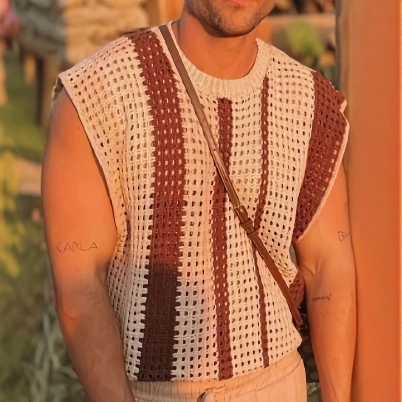 European and American Popular Cross-Border Trade Black and White Hollow-Out Striped Loose Round-Neck Men's Vest Knit Shirt Summer T-Shirt European and American Popular Cross-Border Trade Black and White Hollow-Out Striped Loose Round-Neck Men's Vest Knit Shirt Summer T-Shirt
