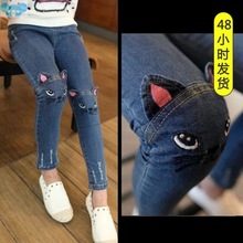 kids girls cat jeans baby children embroidered denim trouser