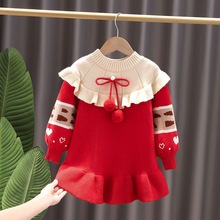 女童針織連衣裙2022秋冬新款紅色聖誕女寶寶拜年服毛衣裙新年裙子