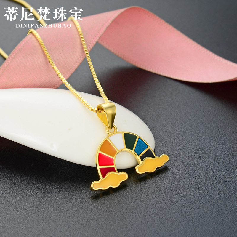 Transfronterizo fresco popular cadena clavícula estilo japonés y coreano s925 gota de plata colgante de aceite dulce arco iris accesorios collar para mujeres