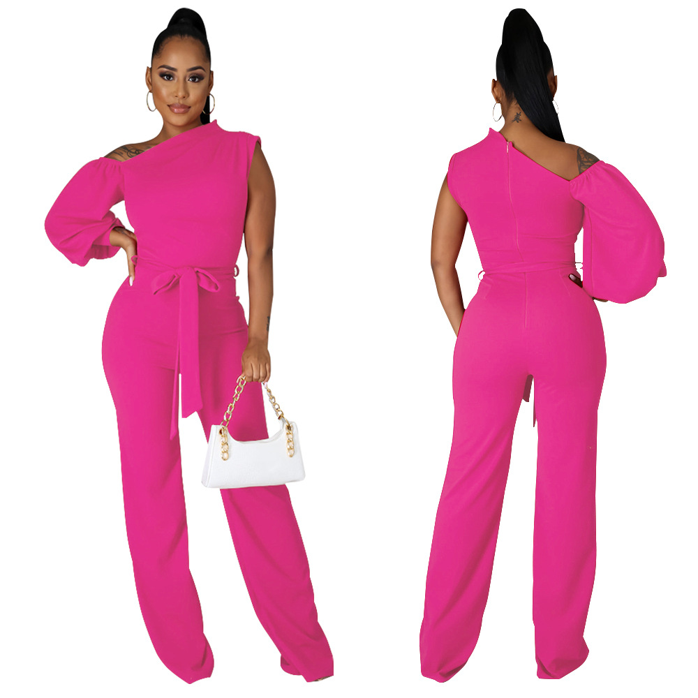 K10113 Amazon mono de mujer de moda europea y americana color sólido pantalones de mujer con un solo hombro pierna ancha pantalones de entrega de una pieza mujeres