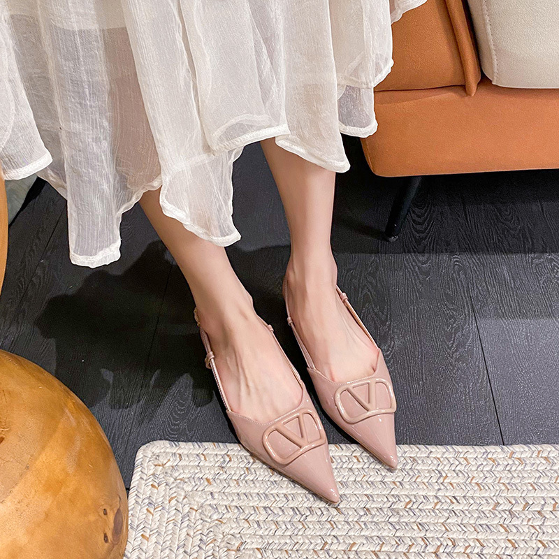 Sandalias de tacón alto con punta en pico y correa en V, elegantes, color nude, para mujer, verano 2023