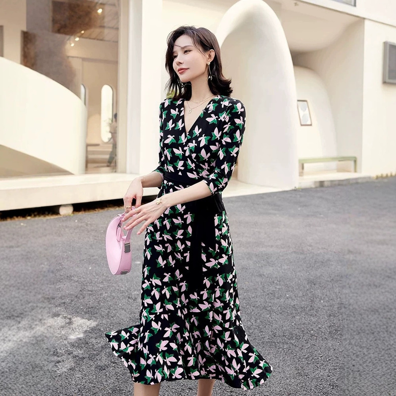 Black Base Dress with Pink and Green Butterfly Print, Wrap-Around Style, V-Neck, Three-Quarter Sleeves, Tie-Up Mermaid Tea Break Dress, One-Piece Dress