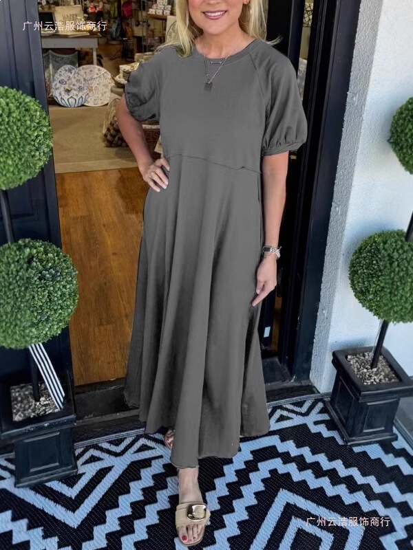 2026 New European and American Clothing Cross-Border Foreign Trade Women's Popular Knit Short-Sleeve Flared Long Dress 2026 New European and American Clothing Cross-Border Foreign Trade Women's Popular Knit Short-Sleeve Flared Long Dress