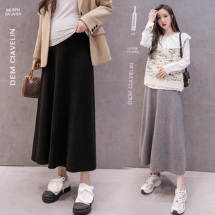 Real Photograph Pregnant Women's Autumn and Winter Knitted Abdomen-supporting A- line Skirt Pregnant Mother's Outer Wear Slim Large Swing Skirt