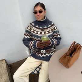 2026春季女装新款欧美外贸毛衣宽松费尔岛加厚高领女时尚针织长袖