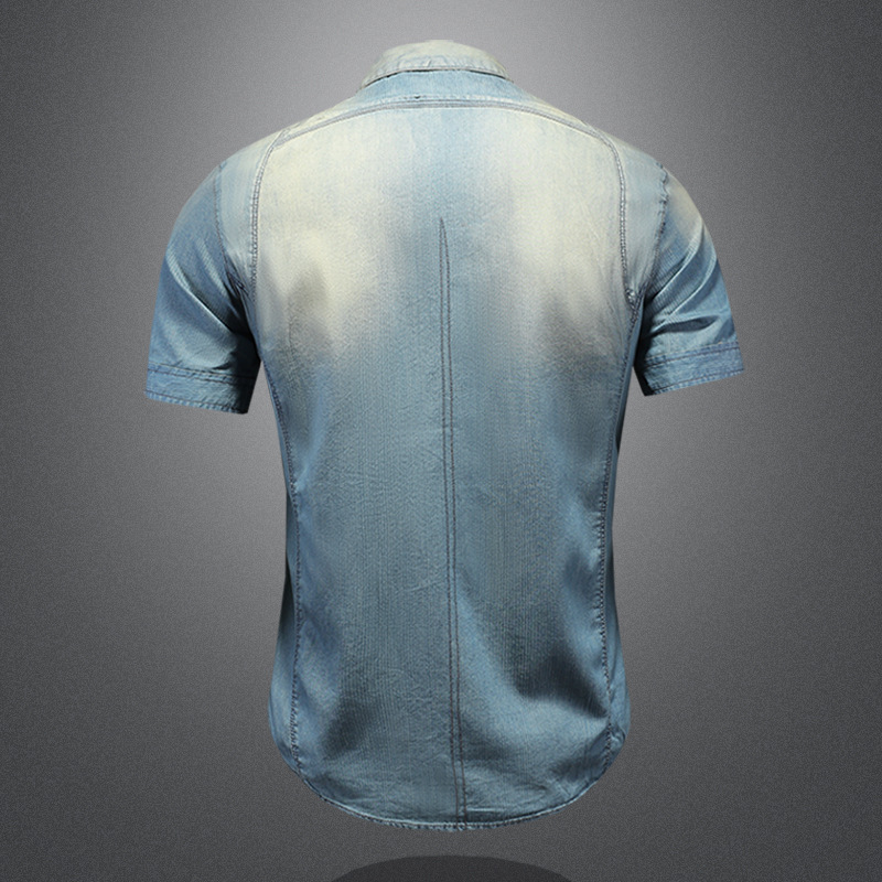 Camicia da uomo in denim lavato vintage, a maniche corte, con colletto risvoltato, stile vintage, per commercio estero europeo e americano, estiva._voghion.com