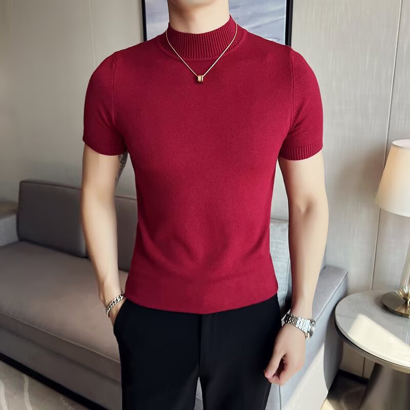 하프 터틀넥 남성 반팔 티셔츠 2025 새로운 고급 남성 여름 얇은 슬림 캐주얼 남성 바닥 셔츠