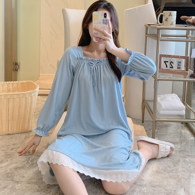 Primavera y otoño nuevo camisón de manga larga al aire libre pit leche seda color sólido cuello cuadrado encaje princesa vestido de una sola pieza vestido largo