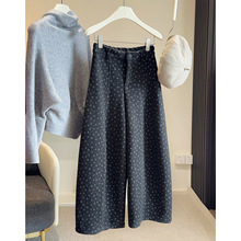 复古文艺碎花加绒加厚毛呢阔腿裤女秋冬高腰显瘦减龄百搭弯刀裤女