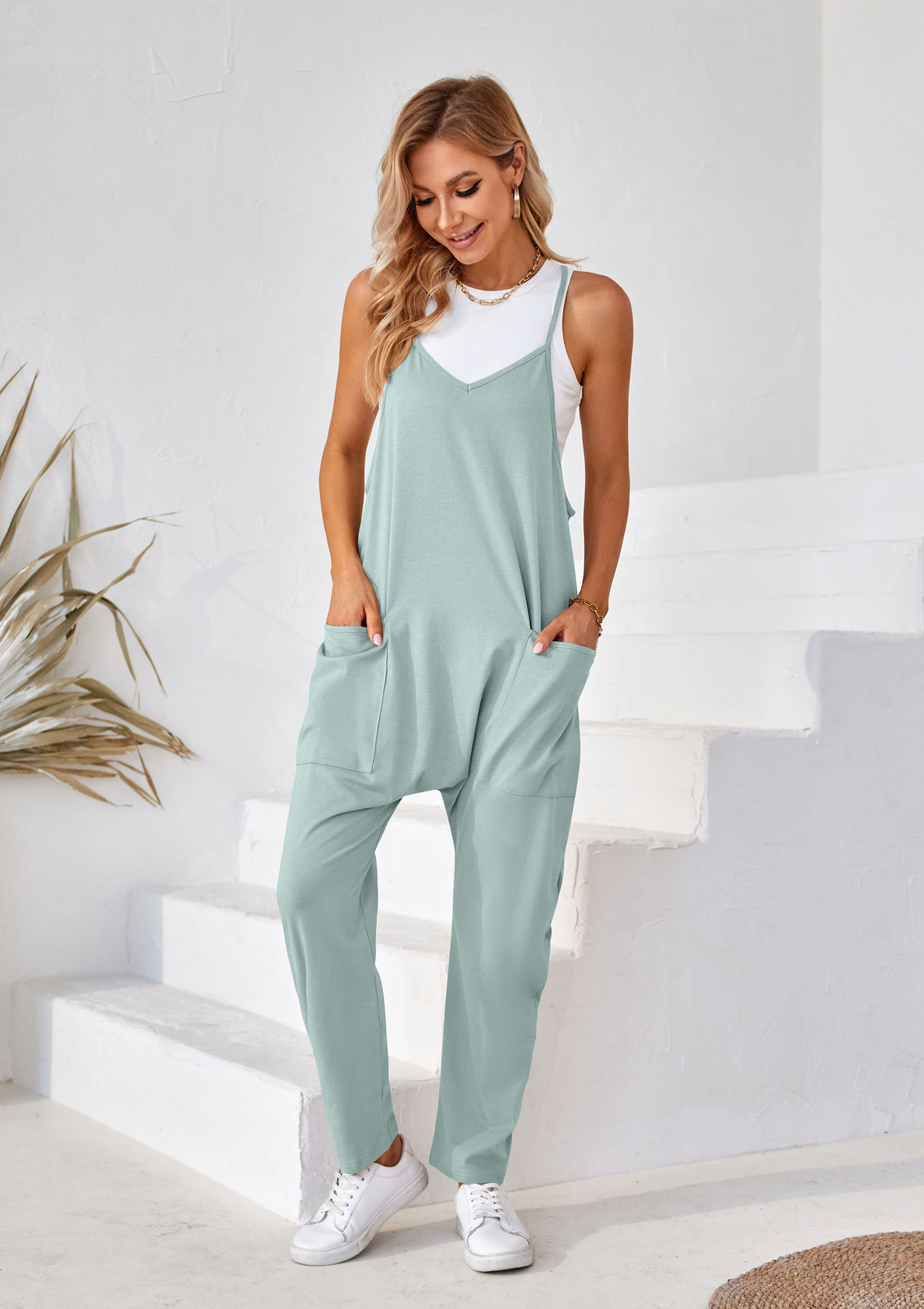 Ropa de mujer europea y americana 2024 verano nuevo estilo Amazon casual bolsillo tirantes de punto pantalones de una pieza pantalones con tirantes mujeres image 10