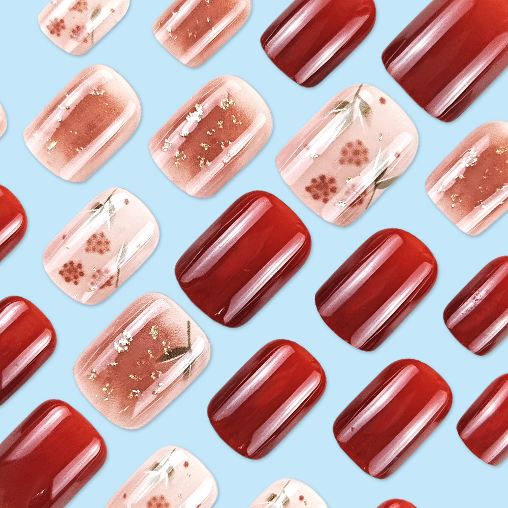 24 piezas de uñas cortas en caja, parche de uñas dulce y fresco, uñas de cereza roja brillante, uñas de uñas
