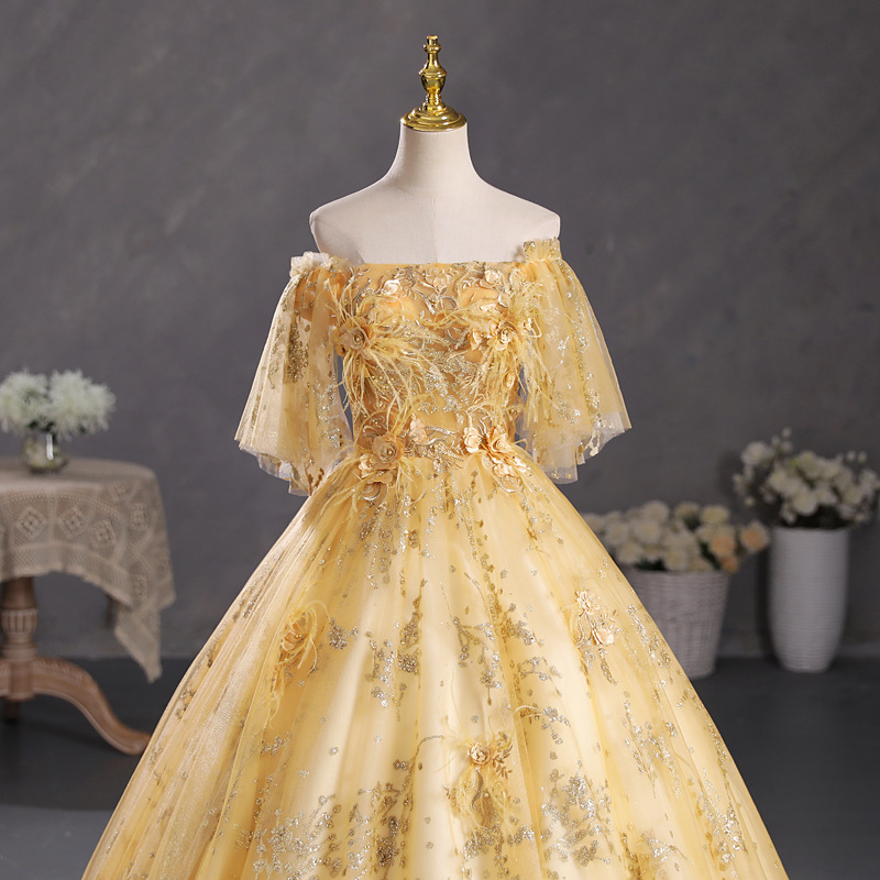 Nuevo vestido de noche de las mujeres fuera del hombro champán oro solo pettiskirt estudiante de arte examen rendimiento vestido de la reunión anual del anfitrión vestido