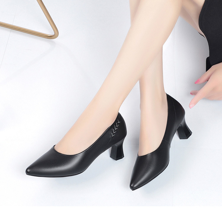 Giày cao gót nữ mũi nhọn da thật gót thô chống trượt — Màu be chi tiết 14