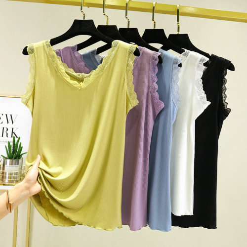 Lace-Trimmed Spliced Double-V Neck Camisole for Women – Spring/Summer New Arrival, Sleeveless Base Top for Outer Wear or Layering