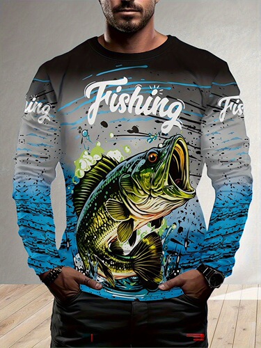 New Casual Sports Men's Round Neck Long Sleeve Cross-Reference 3D Printed Fishing Shirt Casual Outdoor Sports Top