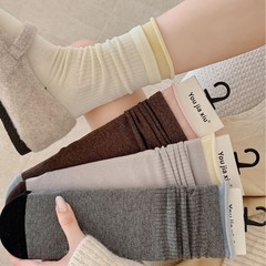日系撞色袜子女中筒袜春秋纯棉双罗口卷边无骨堆堆袜配勃肯鞋长袜