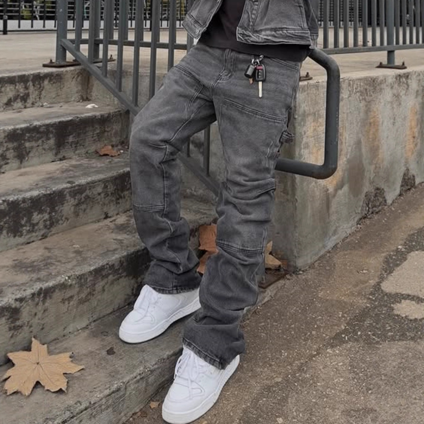 Men's Loose Fit Wide Leg Jeans Casual Ripped Hip Hop Style Stretch Flare Long Pants mid Waist Blue_mkmklike.com